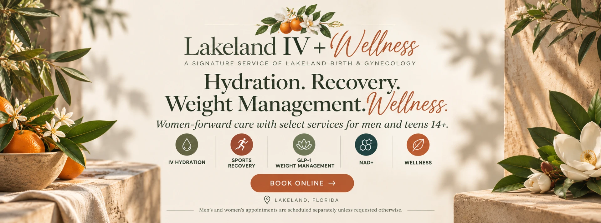 Lakeland IV + Wellness in Lakeland Florida offering IV hydration, sports recovery, GLP-1 weight management, NAD+ and wellness services with women-forward care and select services for men and teens age 14 and older.