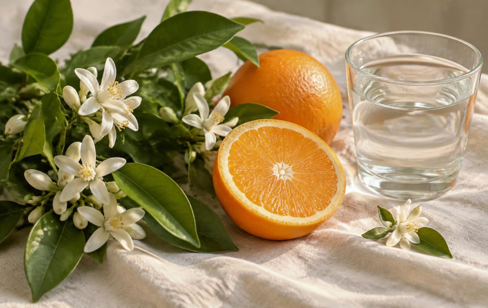 Orange blossoms, a halved Florida orange and a glass of water on warm cream linen