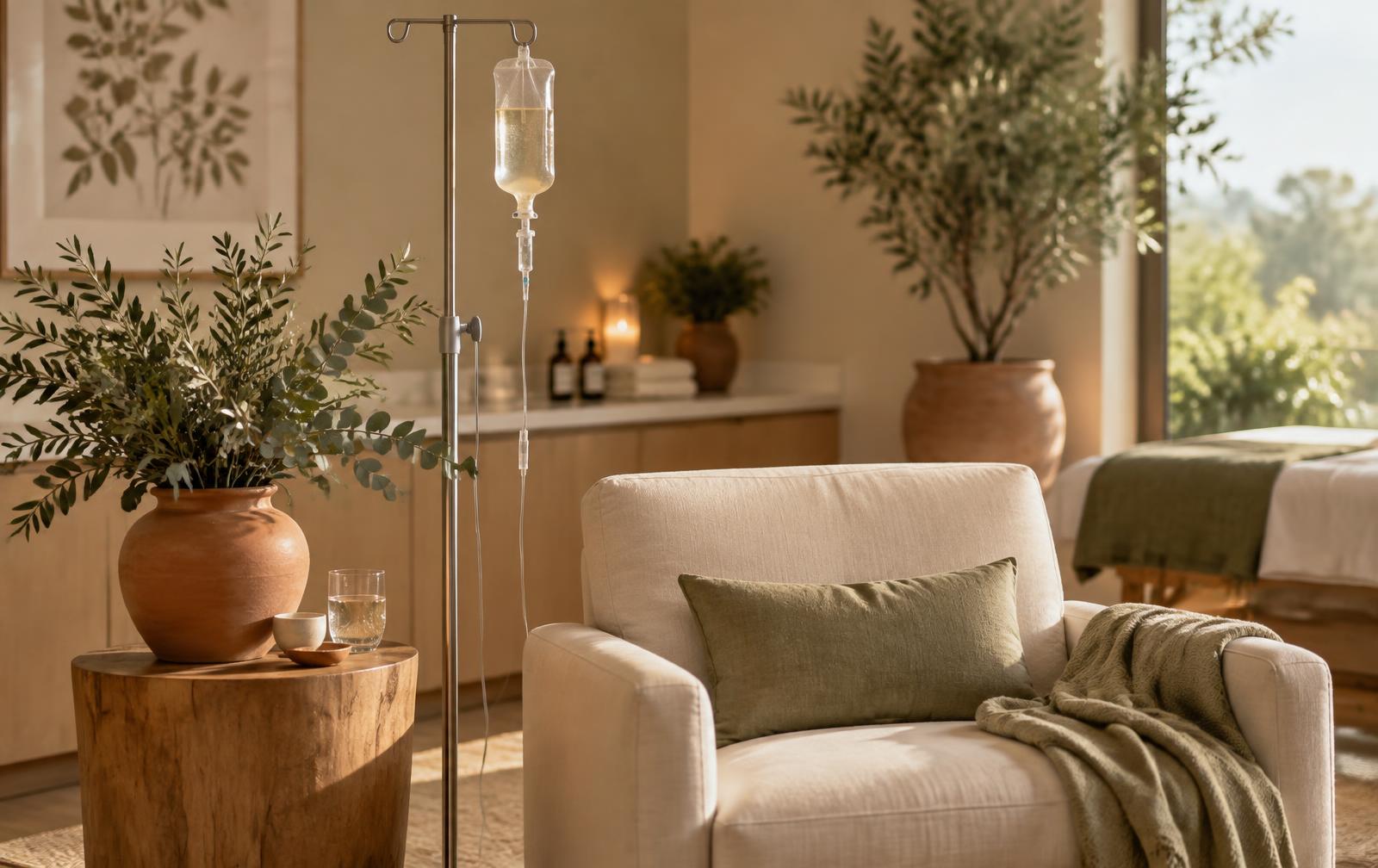 An IV drip stand beside a comfortable lounge chair in a calm, plant-filled wellness room