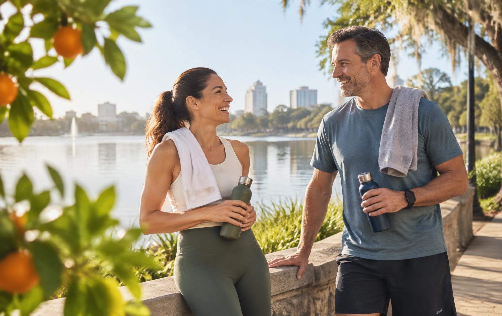 Adult woman and man after outdoor exercise near a Lakeland lake